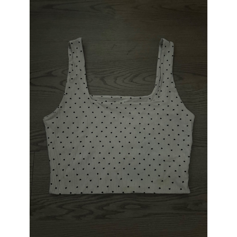 Lelis Collection White Ribbed Heart Print Square Neck Crop Tank Top Small